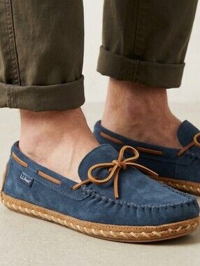 L.L. Bean Gray Leather Suede Moccasin Loafers with Brown Trim Size 10M